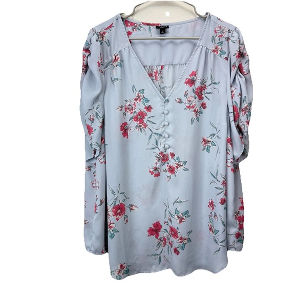 Torrid Harper Gray Floral Georgette V Neck Ruched Sleeve Blouse Size 3X‎ - Picture 3 of 10